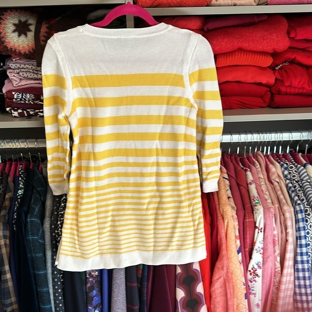 Talbots 3/4 quarter sleeved crew neck yellow/white striped sweater. Size SP. NWT - Picture 3 of 3